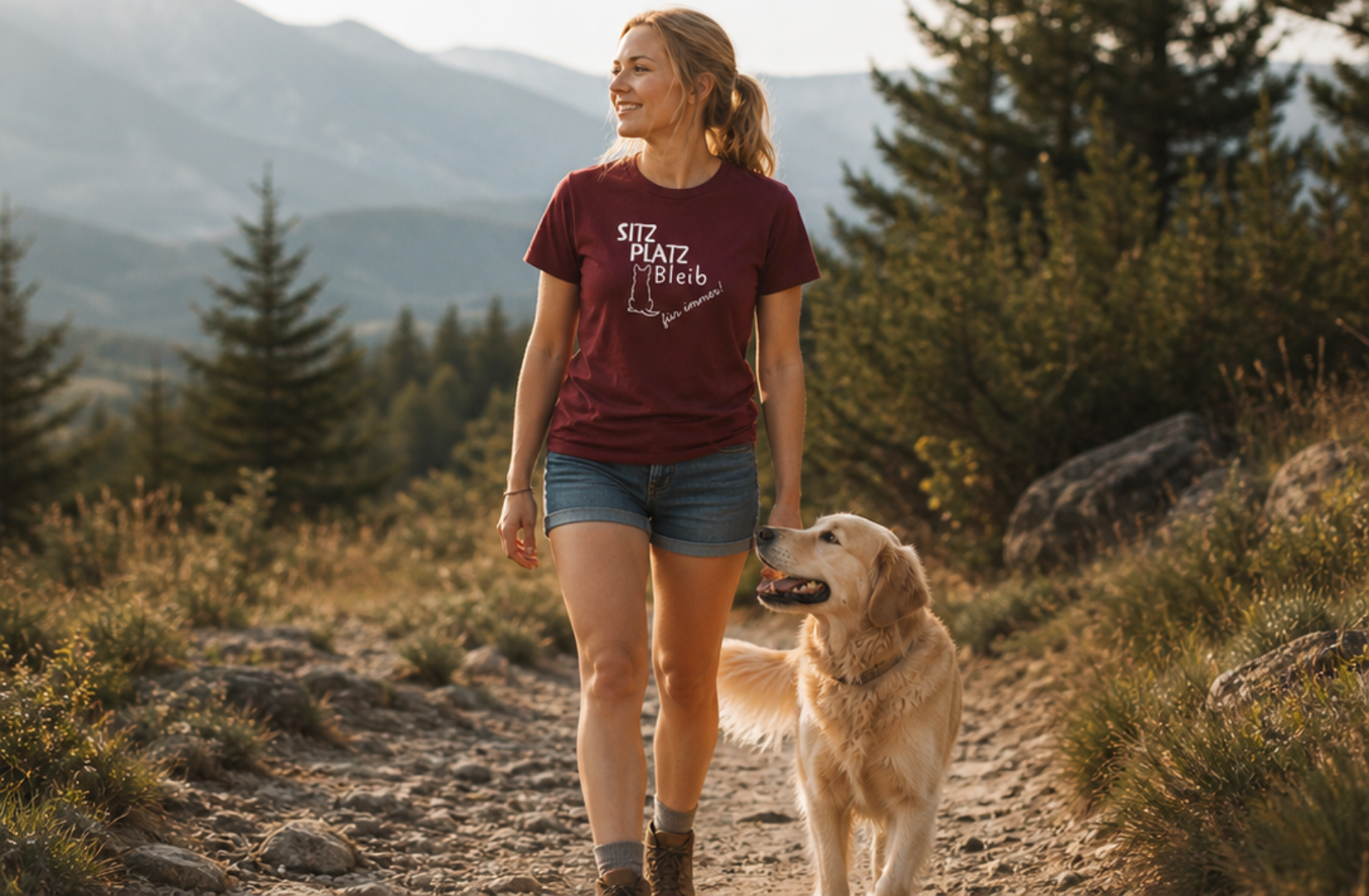 Junge Frau trägt ein Burgunder farbenes spryng-T-Shirt im Sitz-Platz-Bleib Design und geht mit ihrem Golden-Retriever auf einem sonnigen Wanderweg.